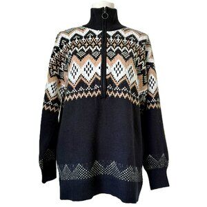 Loft | Fair Isle Half Zip Black & Tan Tunic Sweater Sz Medium